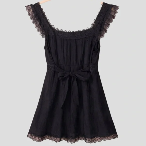 Y2K Mini Black Lace Trim Dress S Romantic Goth Bow Back Button Front Whimsigoth - Picture 2 of 7